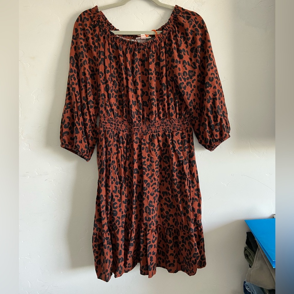 Rust Leopard Print Puff Sleeve Dress